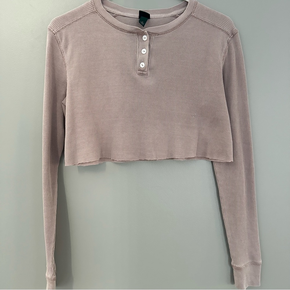 Wild Fable Blush Pink Long Sleeve Thermal Waffle Knit Henley Crop Shirt M